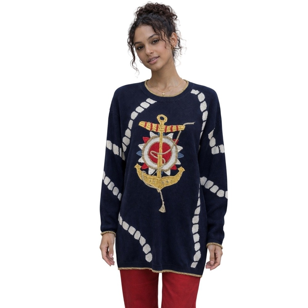 Chaus Womens‎ Sweater Nautical Anchor Beaded Metallic Longline Navy Vintage Med